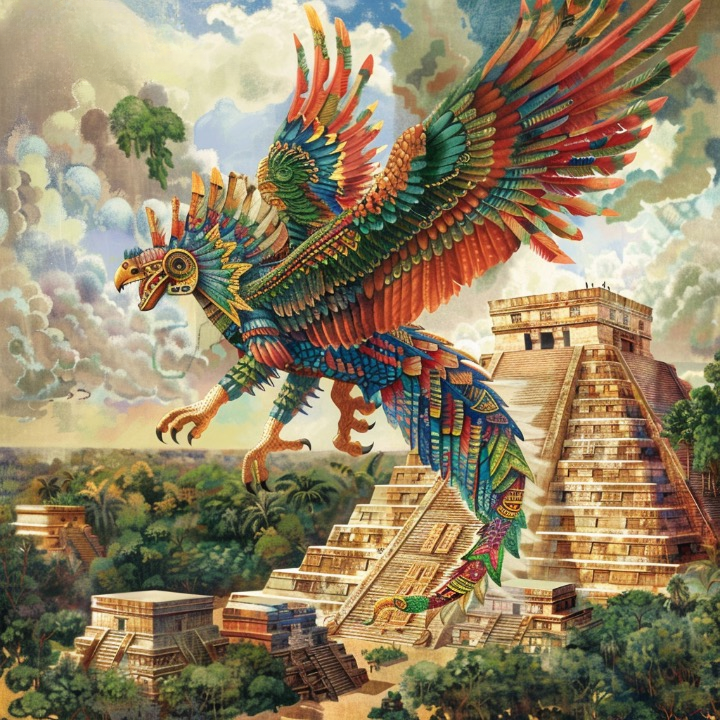 Una representación de Kukulkán, el dios serpiente emplumada, volando sobre una ciudad maya. Su cuerpo combina la serpiente y plumas de colores vibrantes, simbolizando su dualidad entre la tierra y el cielo."