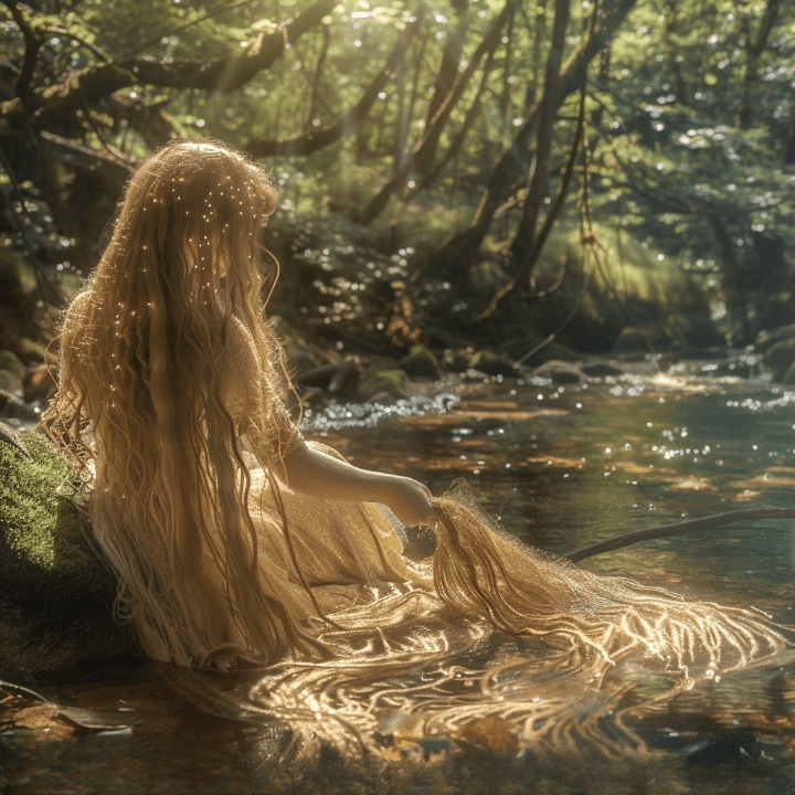 Una Xana peinando su cabello dorado junto a un río cristalino en los bosques asturianos, rodeada de naturaleza