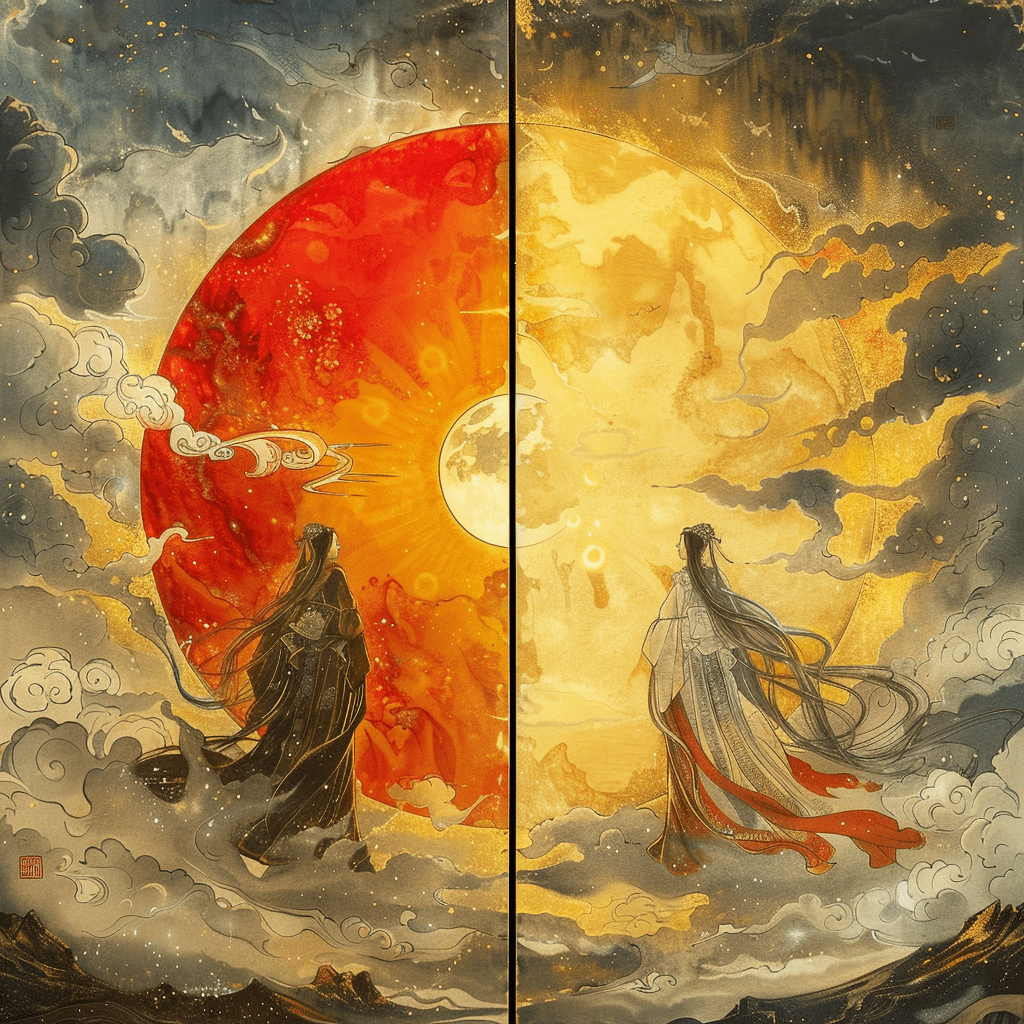 Separación de Tsukuyomi y Amaterasu, con el sol y la luna compartiendo el cielo, mostrando el equilibrio entre el día y la noche.