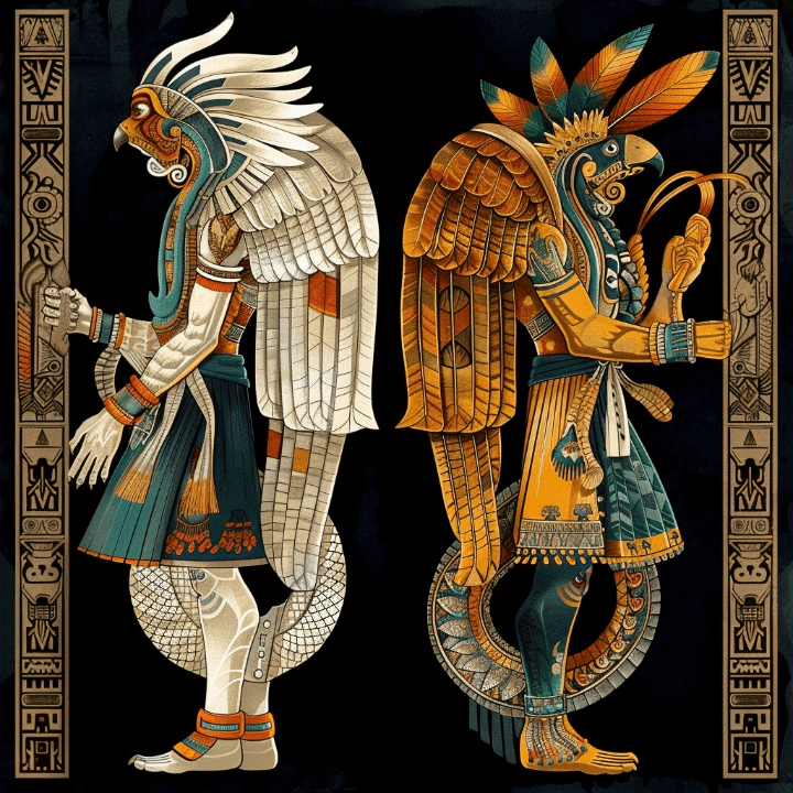 "Kukulkán y Quetzalcóatl, serpientes emplumadas, uno con colores de la tierra y otro con tonos plateados y dorados."