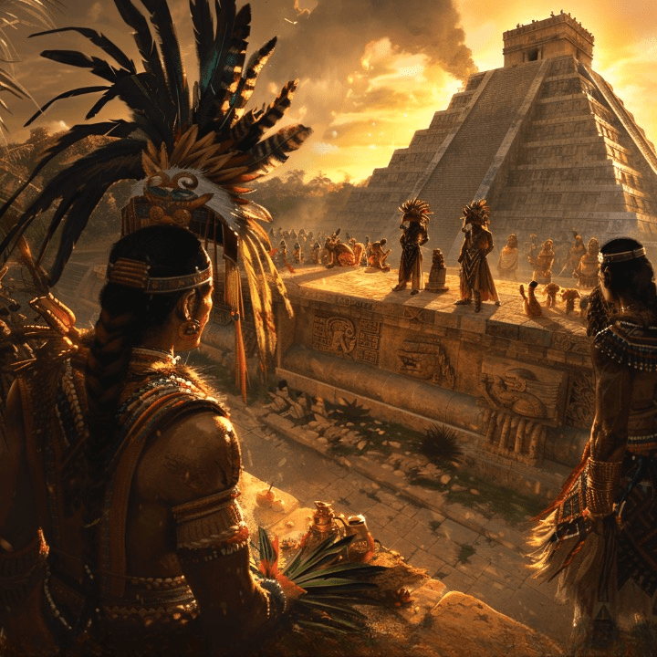 "Sacerdotes mayas realizando rituales ante la pirámide de Kukulkán al atardecer."