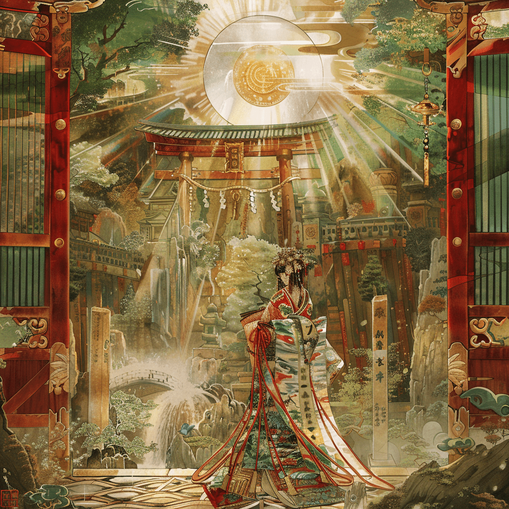 Amaterasu en el Gran Santuario de Ise, con el espejo, las cuentas y la espada sagrados, bajo la luz del sol, simbolizando el linaje imperial japonés.