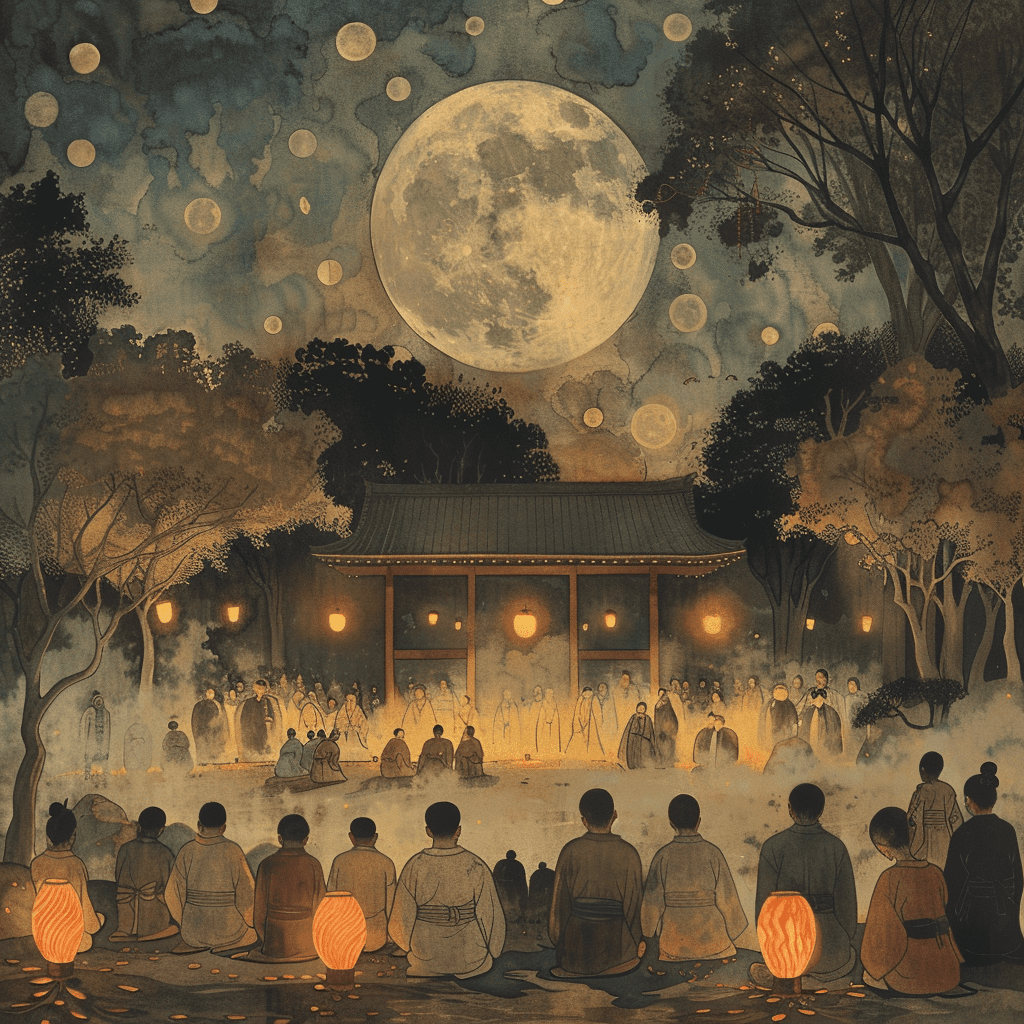 Celebración del festival de Tsukimi, con personas reunidas para admirar la luna llena, rodeadas de ofrendas y farolillos, en honor a Tsukuyomi.