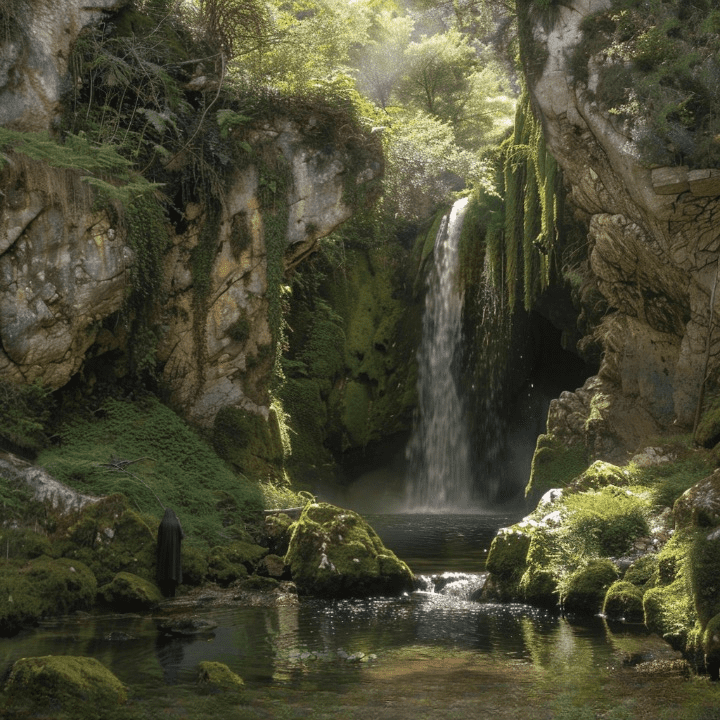 Paisaje asturiano con una cascada escondida y la figura fantasmal de una Xana cerca del agua,