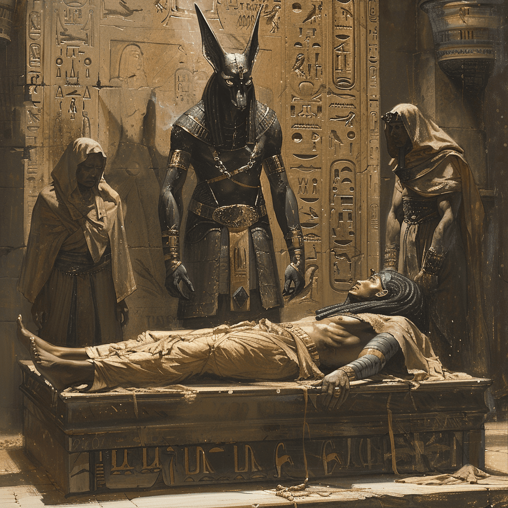 Anubis embalsamando el cuerpo de Osiris, rodeado por Isis y Neftis, en un ambiente lleno de magia y solemnidad.