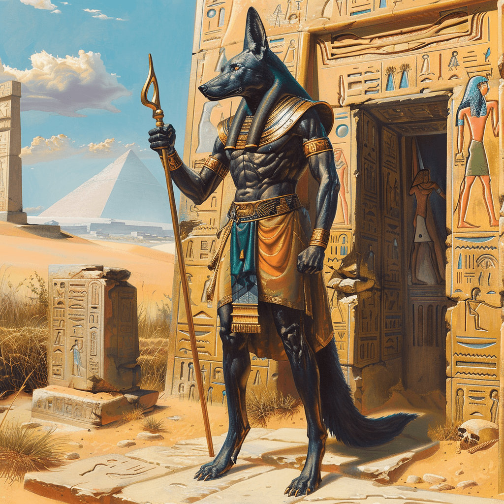 Anubis custodiando la entrada de una tumba, de pie junto a jeroglíficos, con el desierto extendiéndose detrás de él.