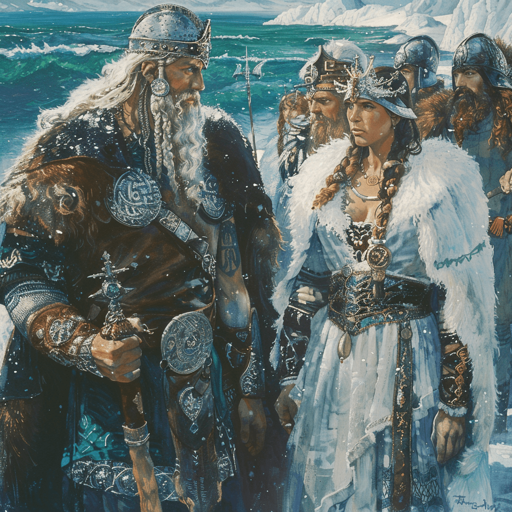 Skadi y Njord casándose en Asgard, rodeados por dioses, con miradas que anticipan su separación.