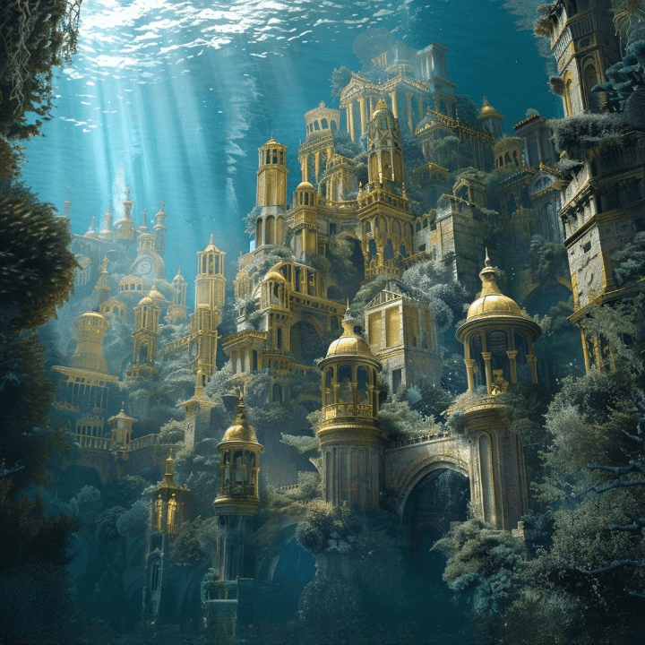 Imagen de la ciudad sumergida de Tartessos bajo el mar, cubierta de corales y algas, en un ambiente misterioso y majestuoso.