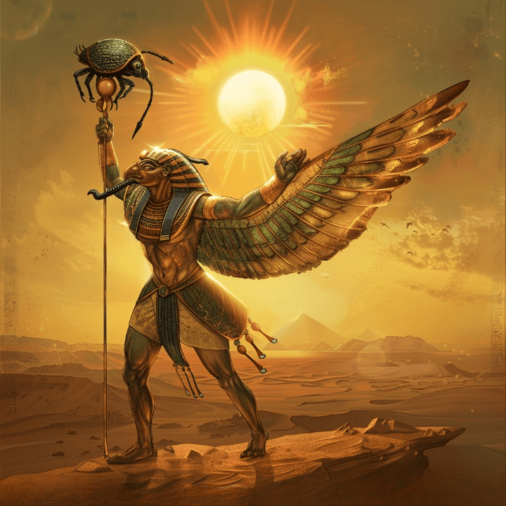 Imagen de Ra en forma de Khepri, empujando el sol al amanecer, simbolizando el renacimiento y la renovación en la mitología egipcia.