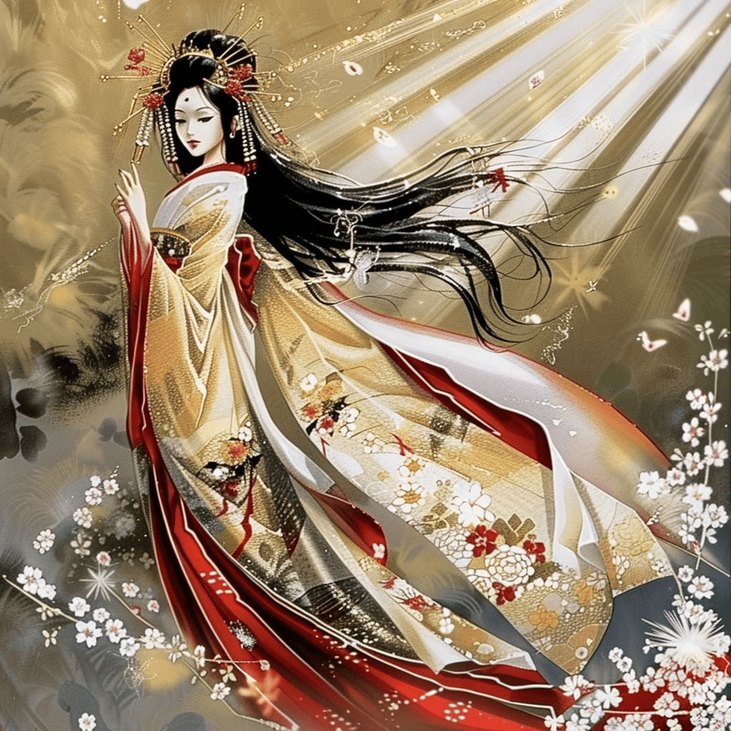 Amaterasu es la diosa del Sol en la mitología japonesa y la deidad principal del panteón sintoísta. Es conocida por ser la progenitora de la familia imperial japonesa y se le asocia con la luz, la vida y la fertilidad. Su apariencia física y representación tienen características que reflejan su importancia como fuente de luz y energía.