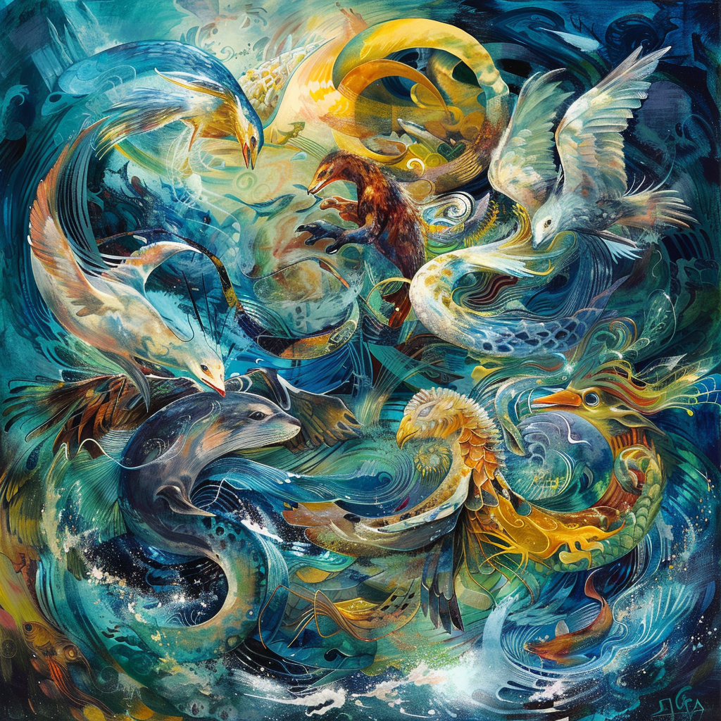 Pintura surrealista de Proteo, el dios marino de la mitología griega, transformándose en diferentes animales, incluyendo una foca, una serpiente, un pájaro y un león, todos fusionándose fluidamente entre sí. La obra utiliza tonos acuáticos vibrantes de azul profundo y verde, con reflejos dorados que destacan su naturaleza divina, rodeado de olas ondulantes y una neblina etérea.