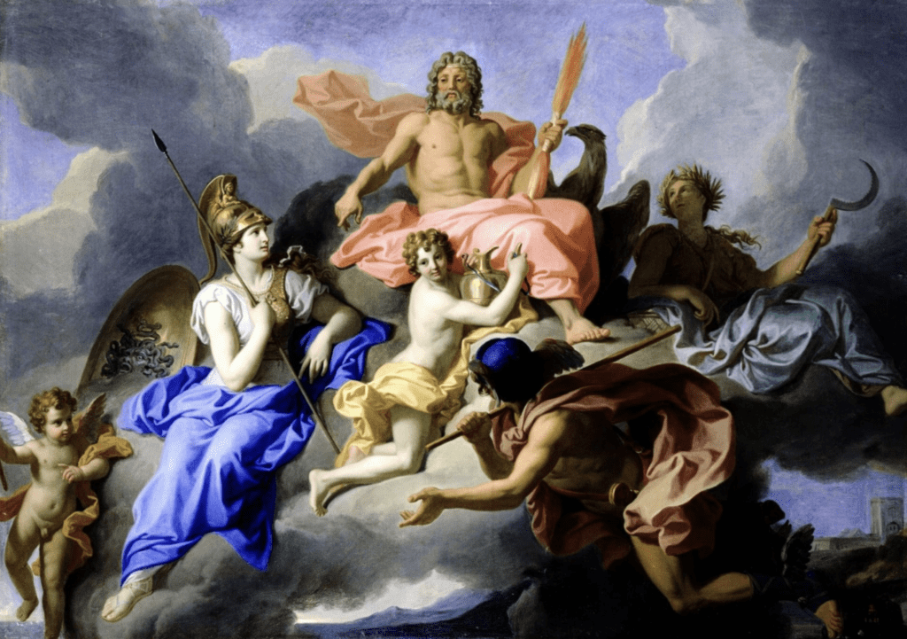 "Pintura clásica de Júpiter sentado en su trono junto a Minerva y otras deidades. Obra de René-Antoine Houasse (1706), que representa la majestad y el poder de las deidades romanas con detalles en tonos dorados y oscuros."