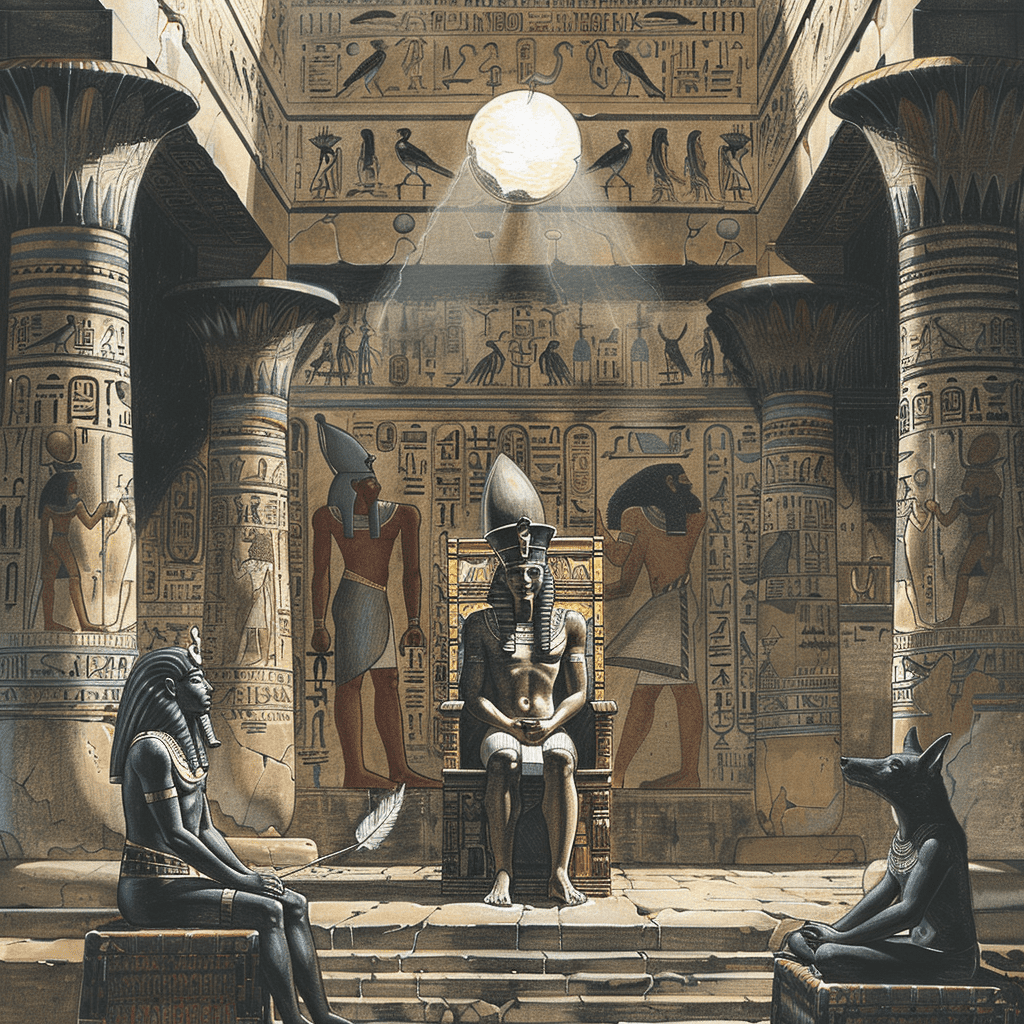 Osiris en su trono, juzgando el alma de un difunto, mientras Anubis y Thoth observan la balanza con la pluma de la verdad en el Salón de Ma'at.