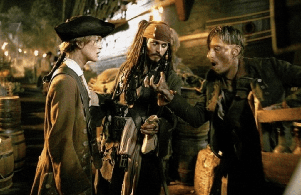 "Escena de la película Piratas del Caribe, con los personajes principales Jack Sparrow, Will Turner y un pirata desconocido en una conversación en una taberna."