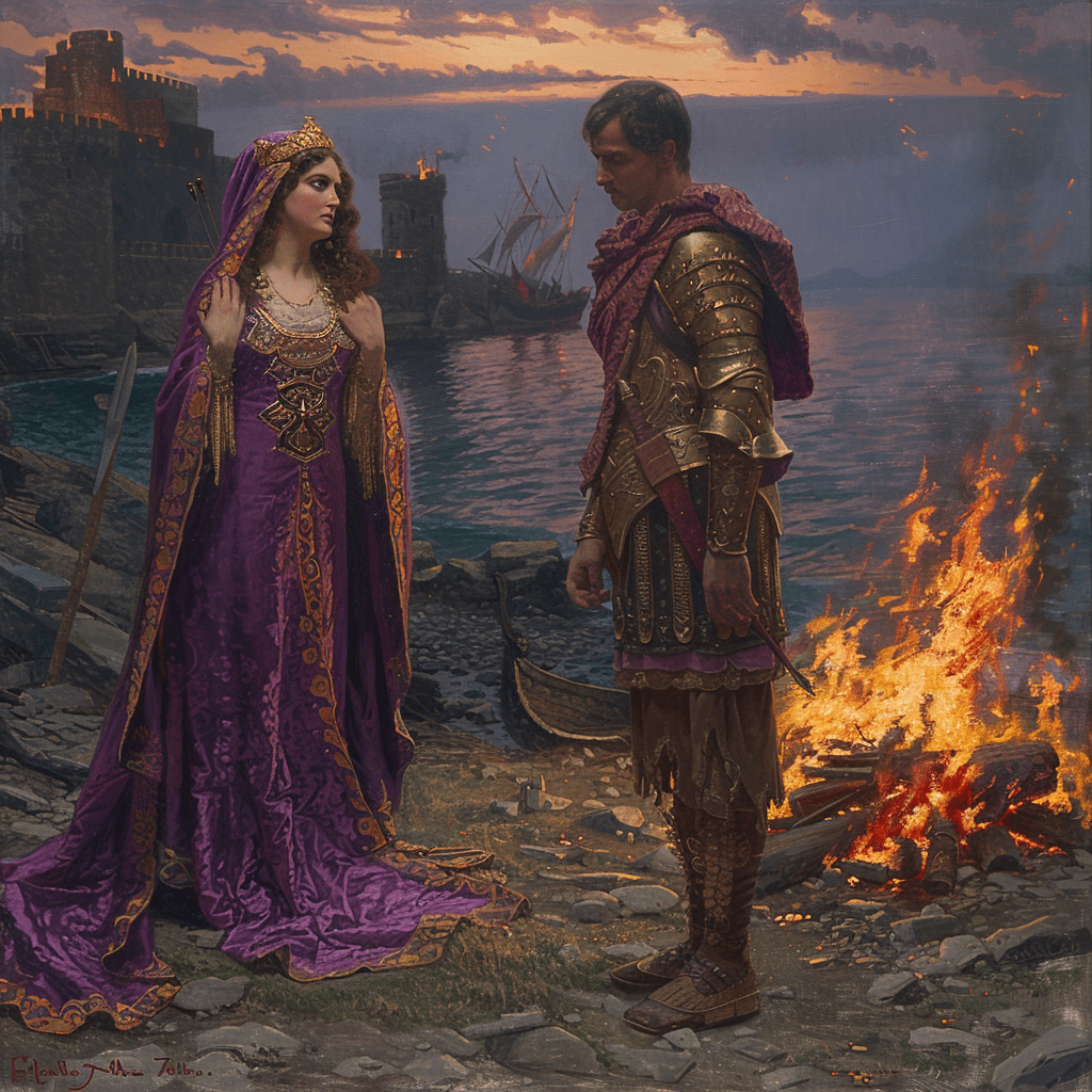 Imagen de Dido y Eneas: Eneas, un héroe troyano con armadura, se encuentra en la orilla del mar observando a Dido, la reina de Cartago, vestida con túnica púrpura. Ambos personajes expresan un fuerte conflicto emocional, resaltado por un cielo de atardecer y el puerto de Cartago de fondo.