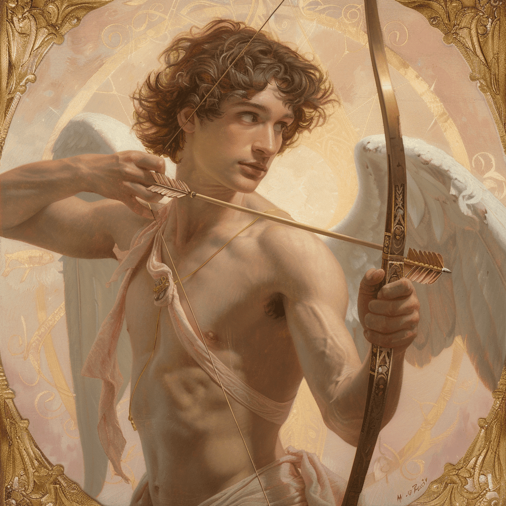 "Pintura clásica de Eros, el dios griego del amor, con alas delicadas, sosteniendo un arco dorado y flechas doradas. La imagen utiliza tonos de rosa pálido, marfil y dorado, con una expresión serena y detalles finos que resaltan la delicadeza del amor y la elegancia del arte clásico."