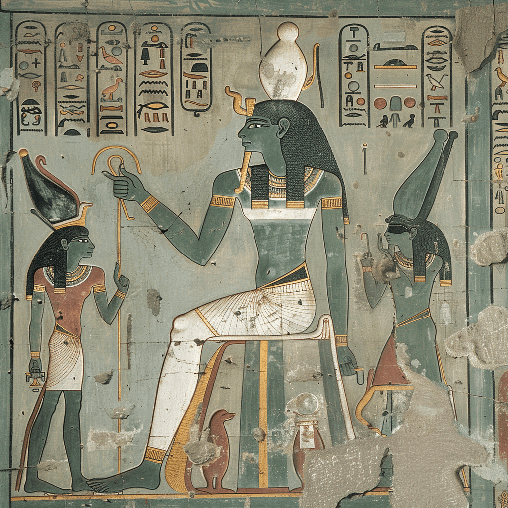  Osiris, dios del inframundo, en su trono con piel verde, rodeado de símbolos del juicio de las almas en el más allá.