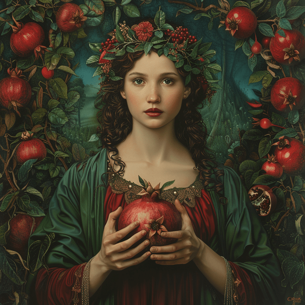 "Imagen de Perséfone, la diosa griega de la primavera y reina del Inframundo, sosteniendo una granada roja. La diosa lleva túnicas en tonos verdes y rojos, con una corona de flores y hojas secas. El fondo contrasta entre un jardín floreciente y un paisaje sombrío y árido, simbolizando su papel como portadora de vida y soberana de los muertos."