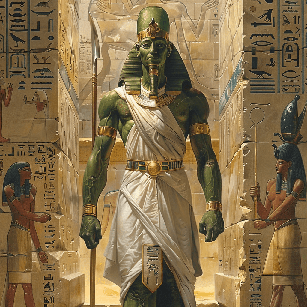 Osiris resucitado en el inframundo, con Isis y Horus a su lado, dentro de un templo egipcio adornado con jeroglíficos.