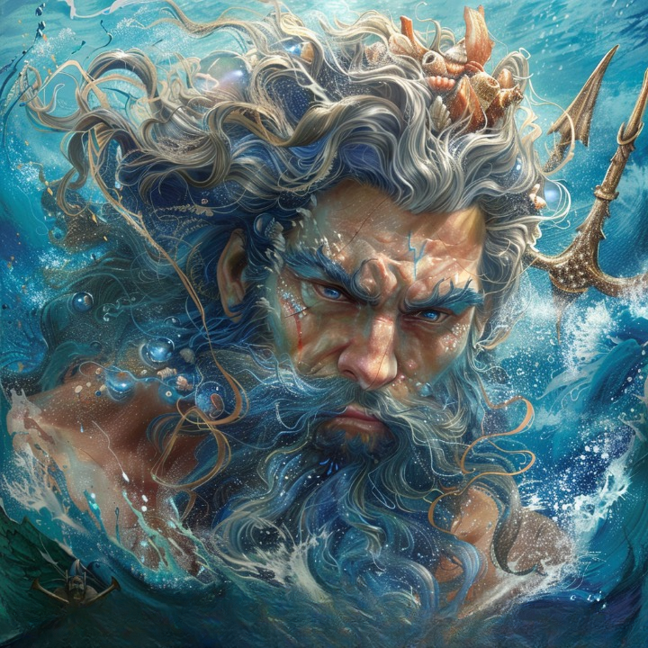 "Retrato de Poseidón, el dios griego del mar, con cabello ondulado, barba larga y una corona de conchas marinas. De fondo, olas turbulentas y un tridente que reflejan su dominio."