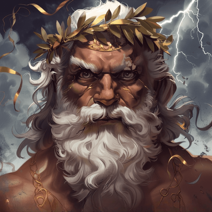 "Retrato de Júpiter, el rey de los dioses romanos, con barba blanca, ojos intensos y una corona de laurel dorada. De fondo, nubes de tormenta y rayos simbolizan su poder."