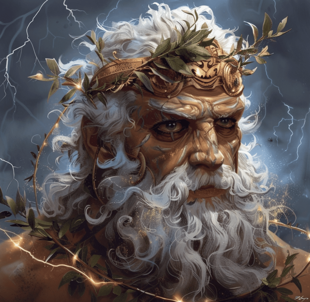 "Ilustración de Zeus, el rey de los dioses griegos, con una barba blanca y ojos penetrantes, luciendo una corona de laurel dorada. De fondo, truenos y rayos simbolizan su poder sobre el cielo."