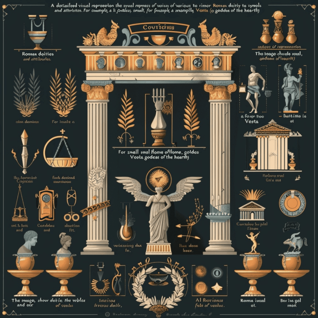 "Ilustración abstracta con símbolos de dioses menores romanos, como una llama representando a Vesta, espigas de trigo para Ceres y una balanza para Fortuna, organizada visualmente para resaltar sus áreas de influencia."