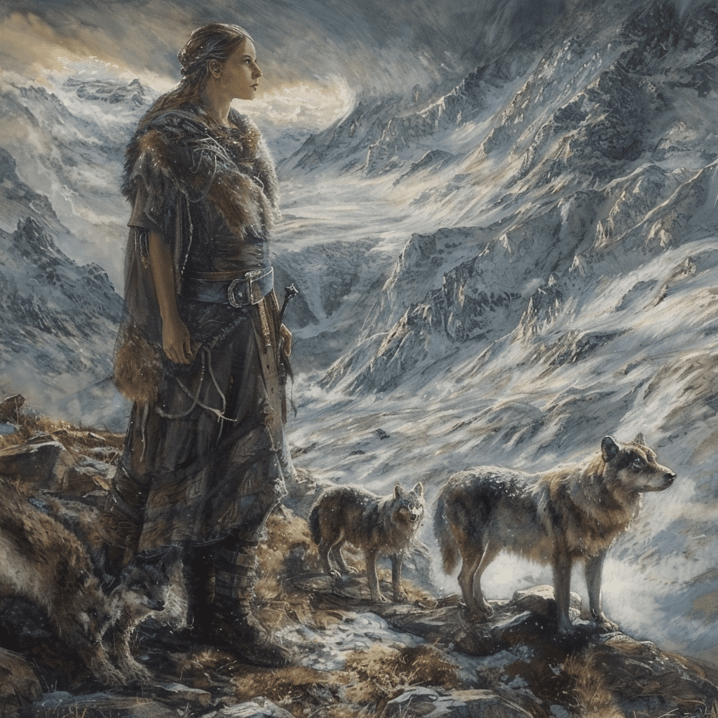 Skadi en las montañas nevadas con lobos, destacando su libertad tras dejar a Njord.