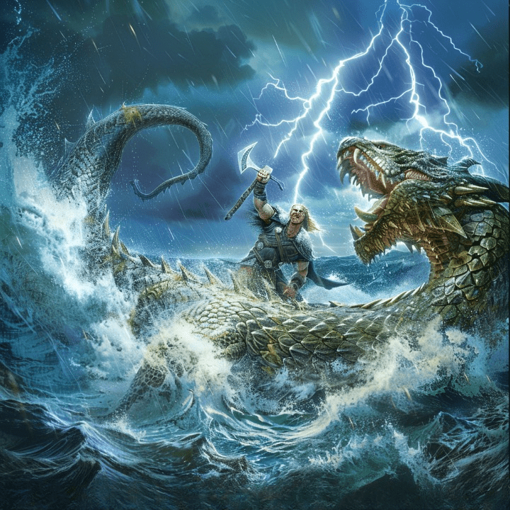 Thor luchando contra Jörmungandr en un océano violento, con relámpagos y olas enormes en una escena de batalla épica.
