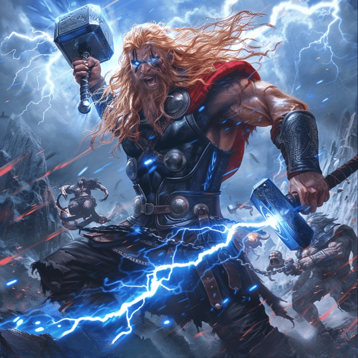 Thor con su martillo Mjölnir, rodeado por un cielo lleno de galaxias y relámpagos, simbolizando su conexión con el cosmos.