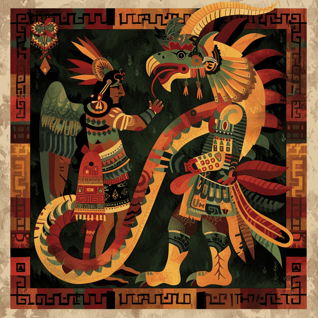 "Representación al estilo mesoamericano de Quetzalcóatl, con patrones geométricos y colores vibrantes, interactuando con otra figura divina, sin texto."