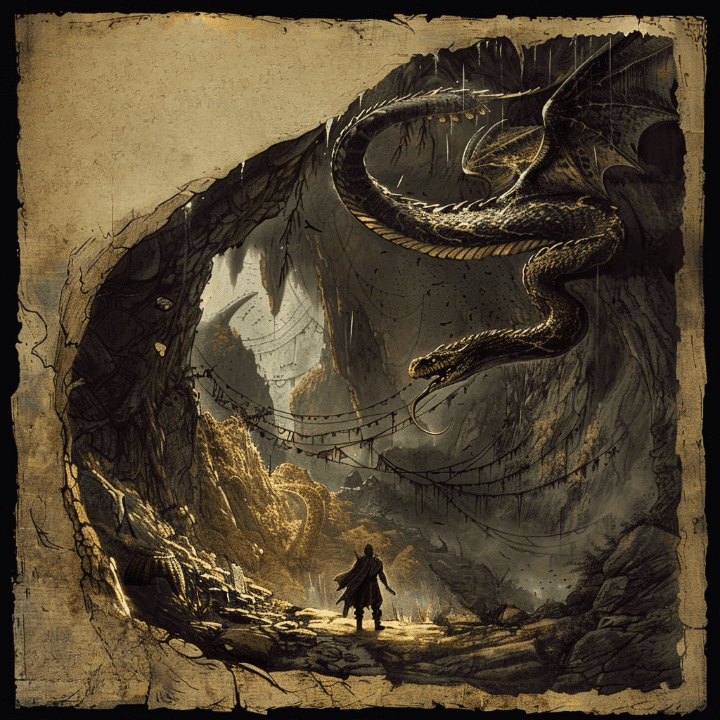 Una Xana atrapada en una cueva, custodiada por un Cuélebre, una serpiente alada gigante