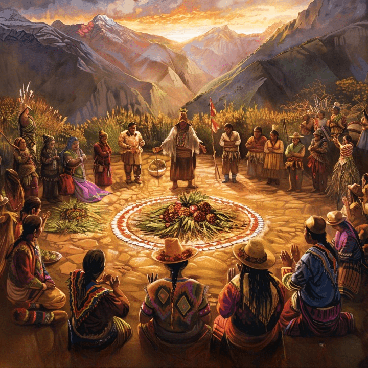 Ritual andino a Pachamama con ofrendas de maíz, hojas de coca y chicha,