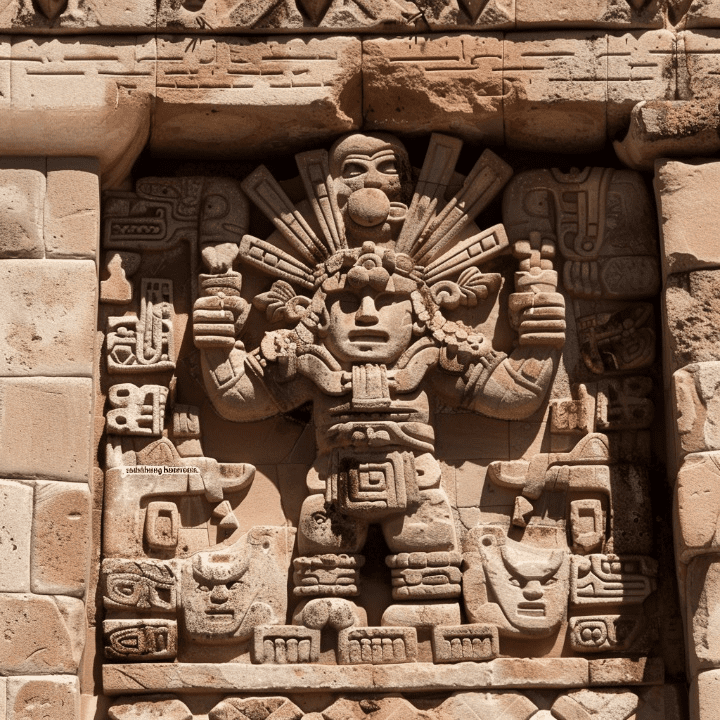 "Viracocha tallado en la Puerta del Sol de Tiahuanaco, sosteniendo rayos en ambas manos,