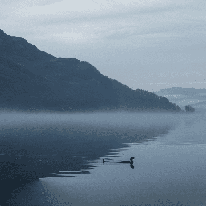 Lago Ness al amanecer con una figura misteriosa en el agua.