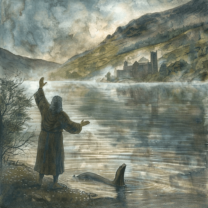 San Columba en la orilla del Lago Ness enfrentando a una criatura misteriosa.