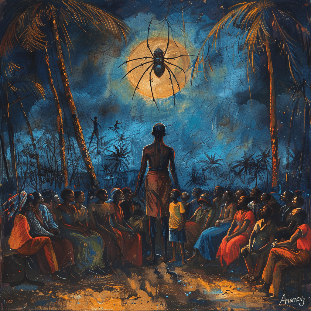 Anansi como símbolo de resistencia en la diáspora caribeña, con historias compartidas bajo la luz de la luna.