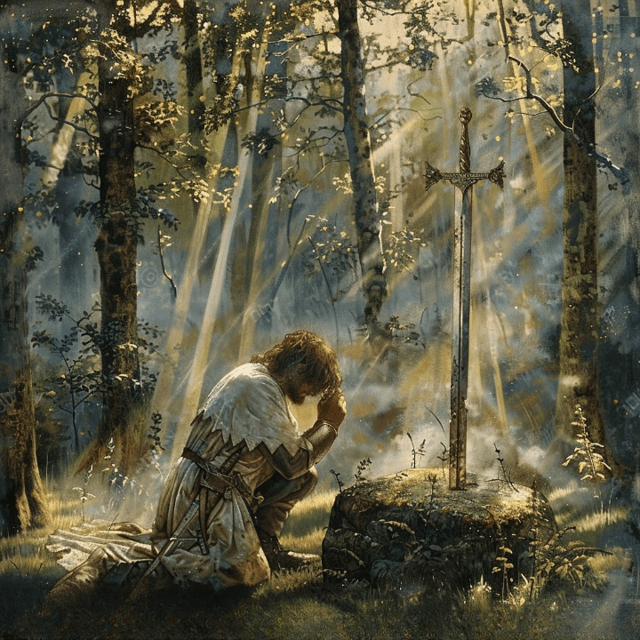 Rey Arturo sacando la espada Excalibur de la piedra en un bosque místico.