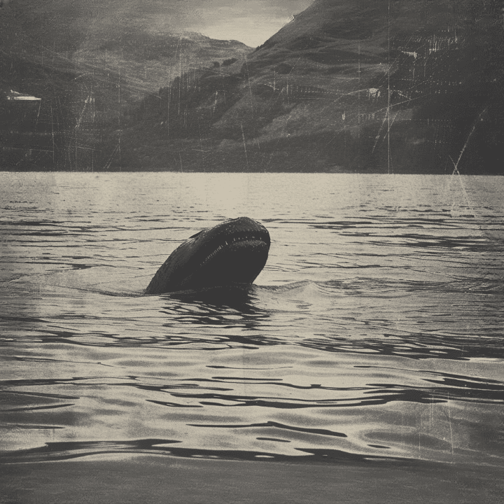 Fotografía clásica en blanco y negro de una figura en el Lago Ness, estilo años 30.