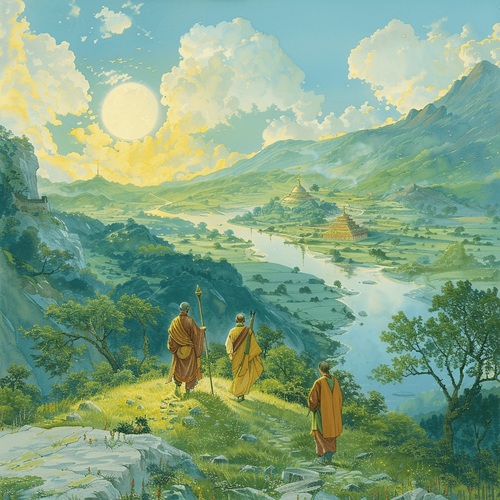 Sun Wukong y sus compañeros caminando por un paisaje tranquilo hacia la India, con colinas y templos al fondo.