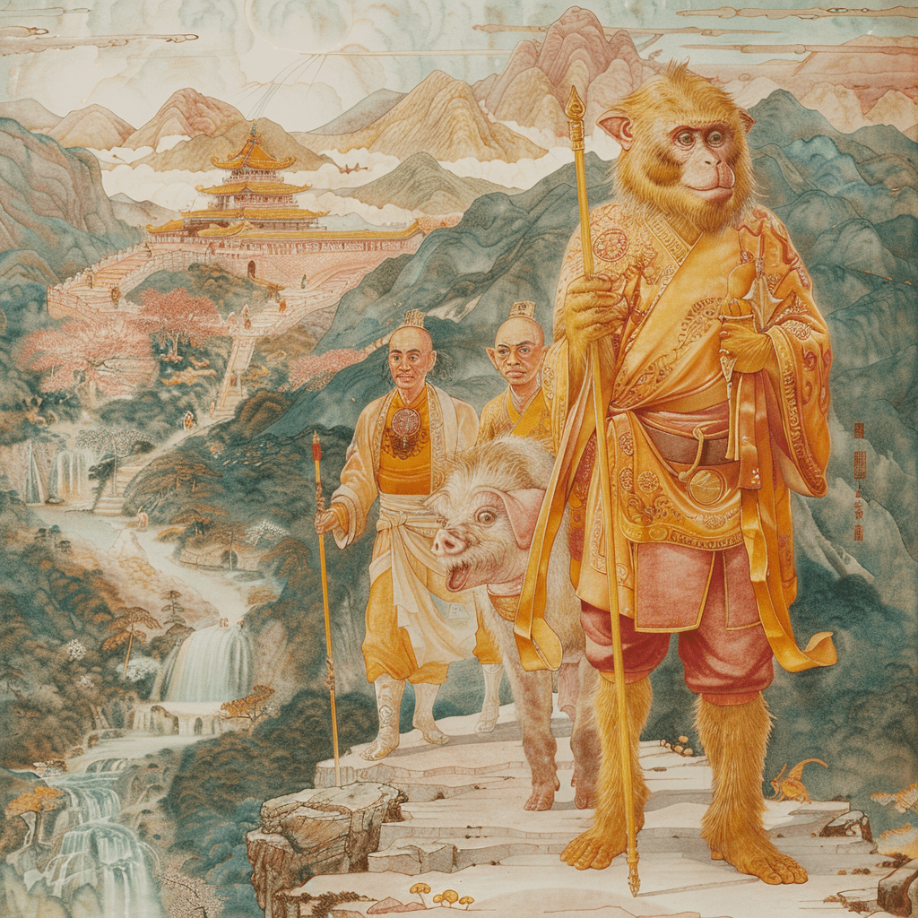 Sun Wukong, un mono dorado, caminando junto a sus compañeros en un paisaje tranquilo hacia templos lejanos.