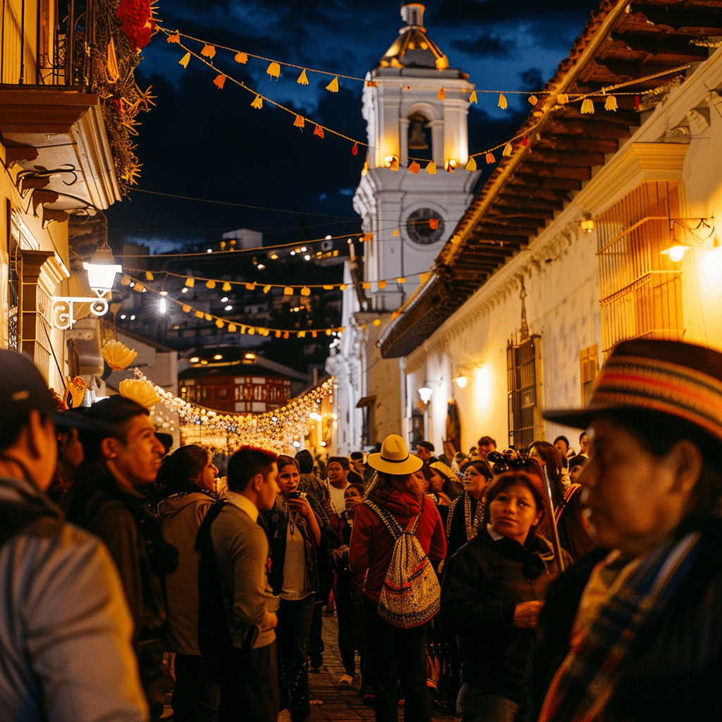 Festival cultural en Quito con narradores contando la leyenda de Cantuña frente al atrio iluminado y la iglesia.