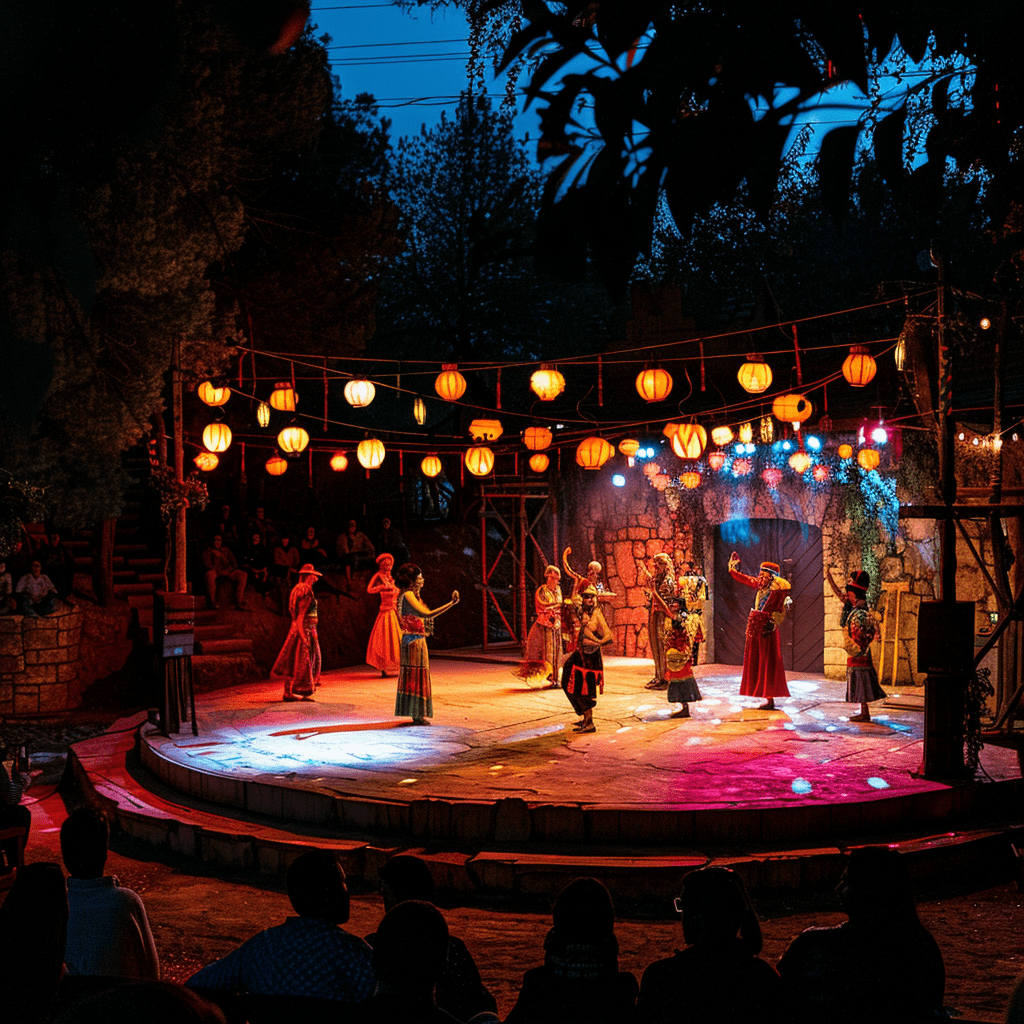 Festival cultural con actores representando la leyenda del Silbón, rodeados de luces vibrantes y un público fascinado.