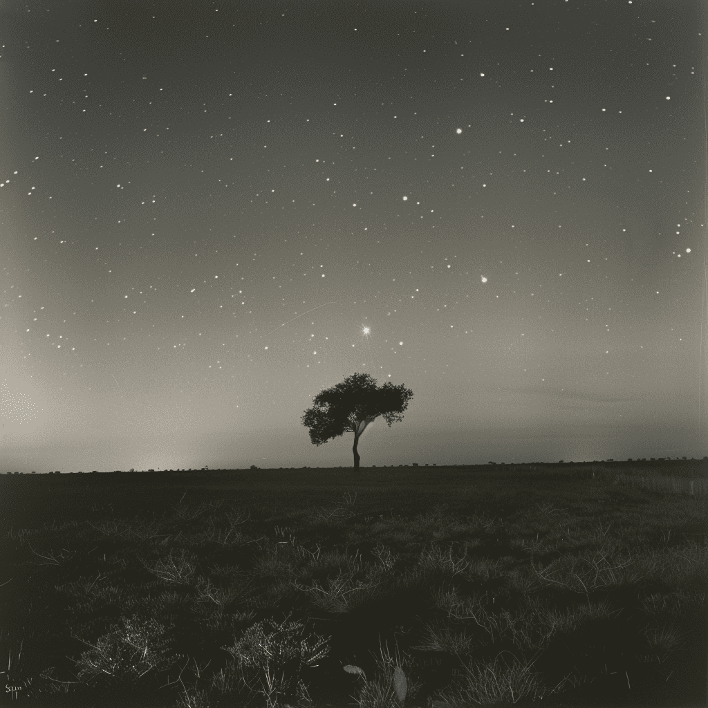 Llanos venezolanos bajo la luz de la luna, con un árbol solitario y una figura espectral en la distancia, evocando misterio y tradición.