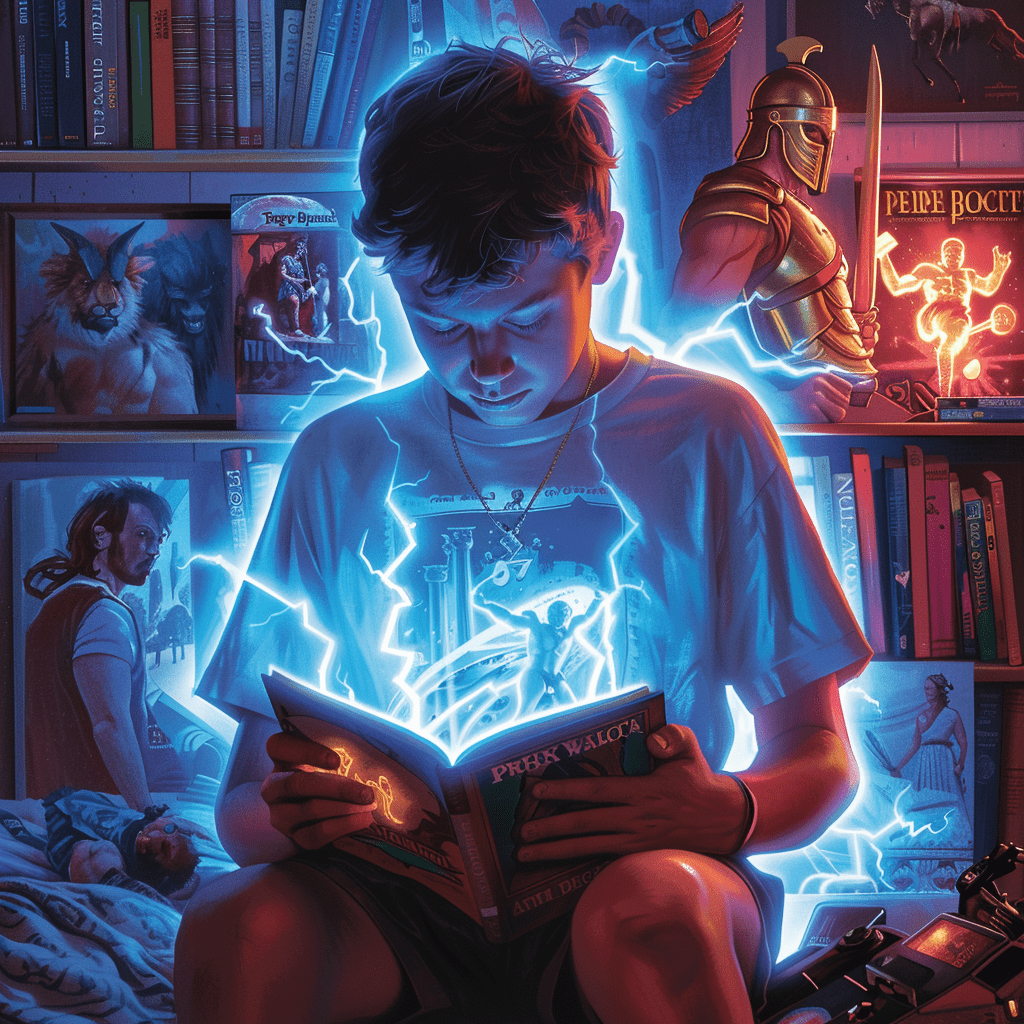 Niño leyendo un libro de Percy Jackson, rodeado de imágenes de dioses griegos, con un póster del Rey Arturo y un videojuego de un Minotauro al fondo.