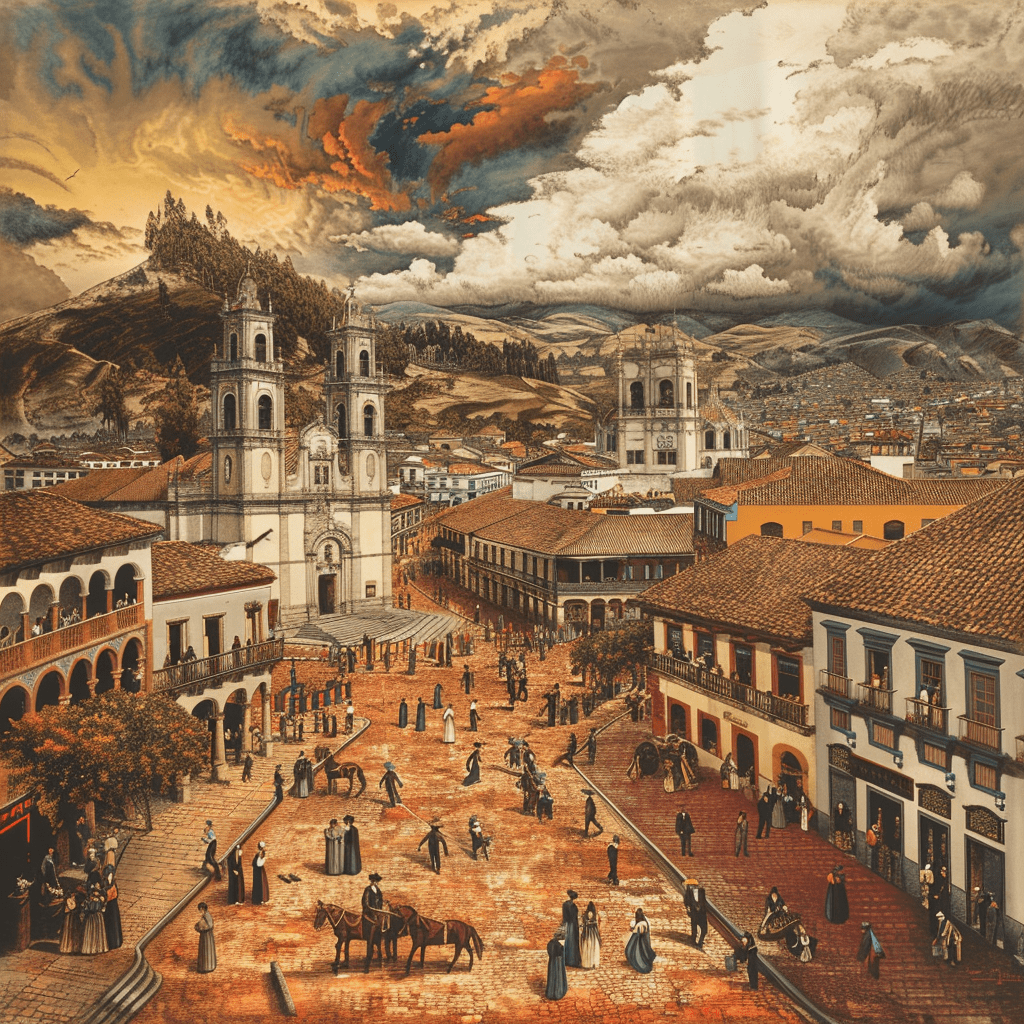 Plaza colonial en Quito durante el período colonial, con la Iglesia de San Francisco al fondo y figuras indígenas y españolas interactuando.