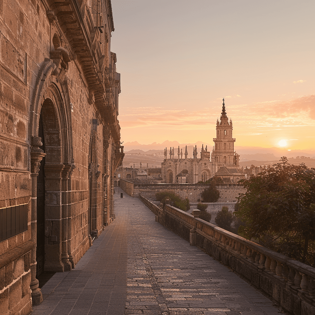 El Atrio de Cantuña al amanecer, con luz cálida iluminando el detallado trabajo en piedra y la iglesia al fondo.