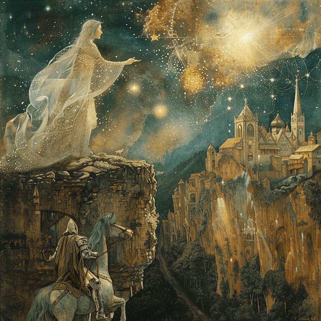 Figura celestial representando los mitos y un caballero sobre un acantilado representando las leyendas, con un fondo que mezcla el cosmos y un paisaje medieval.