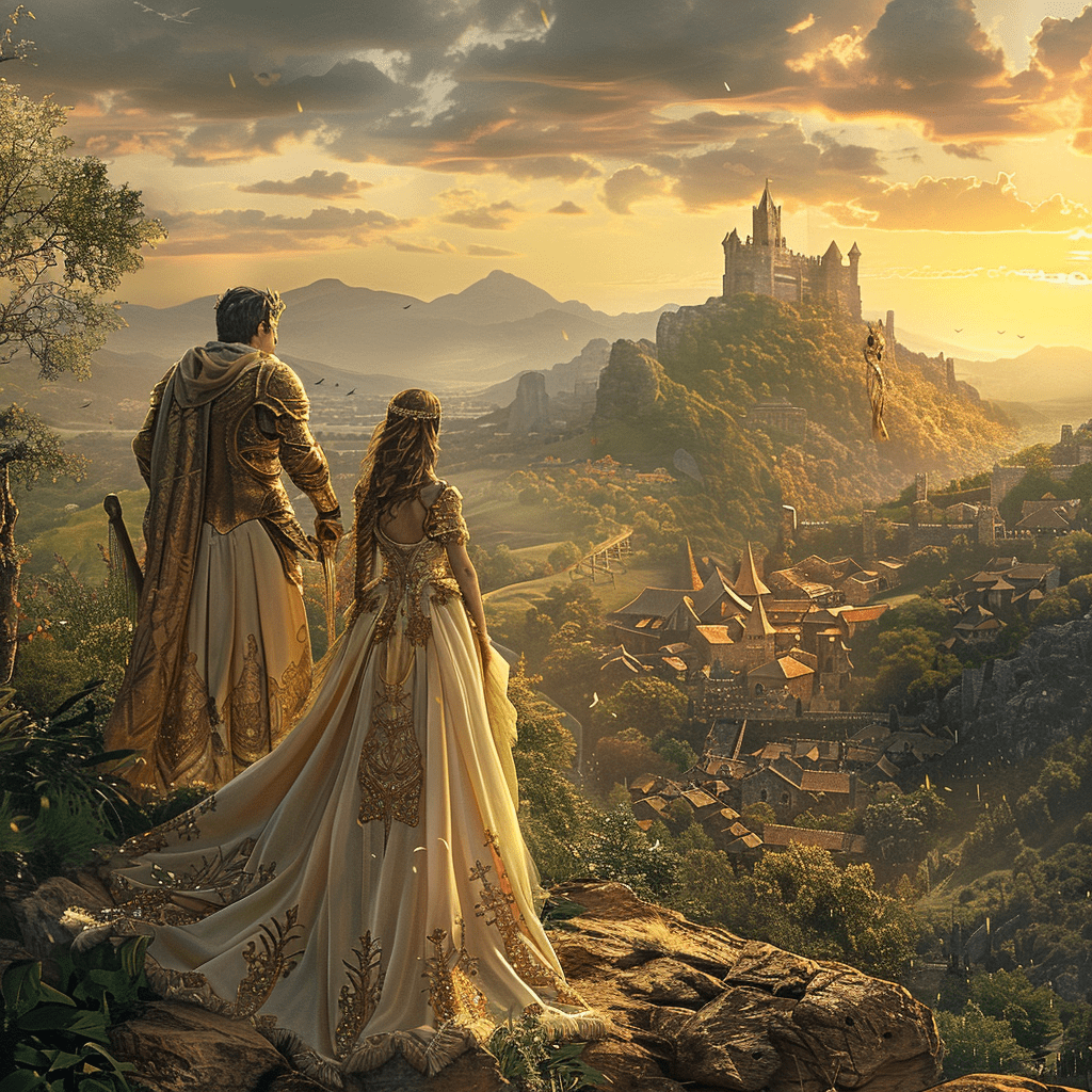 La princesa de la leyenda de Sant Jordi, vestida con un elegante traje blanco y dorado, junto al caballero Sant Jordi en una colina con vistas a un tranquilo pueblo medieval. Los tonos cálidos del atardecer destacan la pureza y el heroísmo del momento.