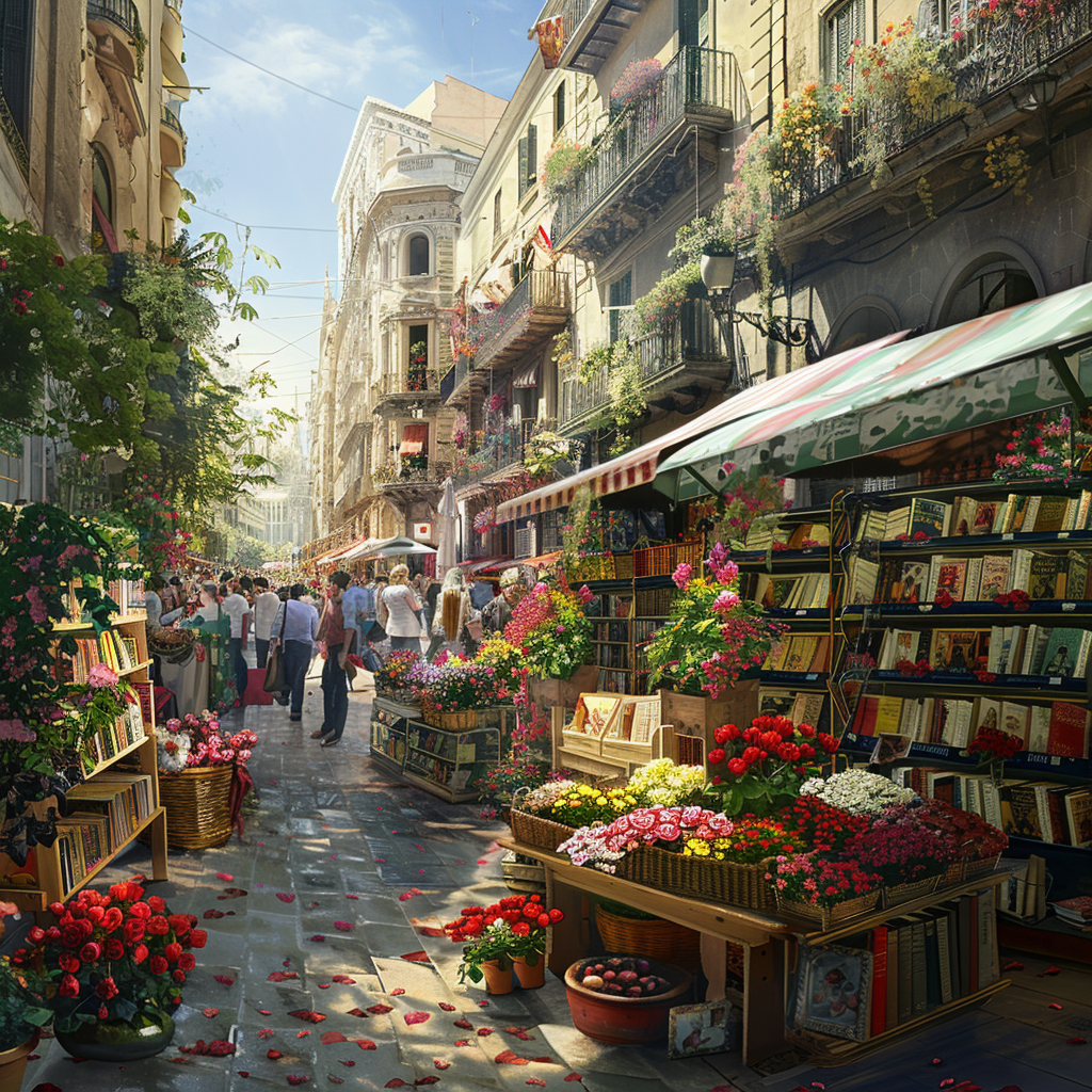 Calle animada de Barcelona durante el día de Sant Jordi, con puestos de flores rojas y libros, personas intercambiando regalos y un ambiente festivo enmarcado por la arquitectura histórica y moderna de la ciudad.